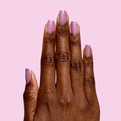 Island Time sheer lilac gel polish on natural nails for a smooth, long-lasting at-home manicure by Olive and June
