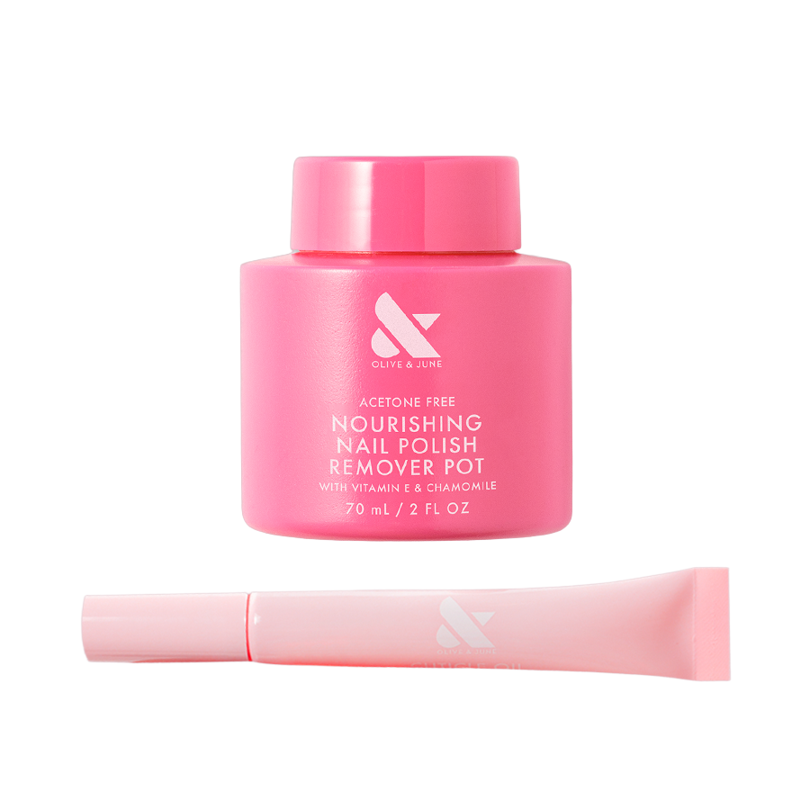 Nonstop Nourishing Duo with nourishing nail polish remover pot and hydrating cuticle oil for smooth manicure care.