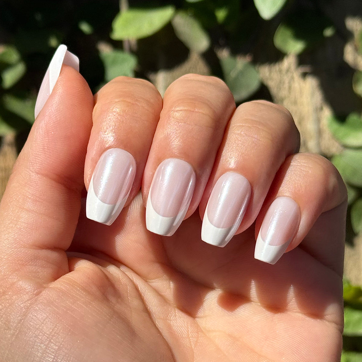 White Chrome French - Press-On | Medium | Coffin nails with glossy white tips and subtle chrome sheen for easy at-home mani