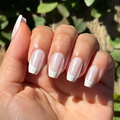 White Chrome French - Press-On | Medium | Coffin nails with glossy white tips and subtle chrome sheen for easy at-home mani